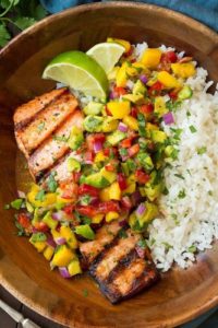 Grilled Lime Salmon, Mango Salsa & Coconut Rice