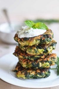 Zucchini, Feta and Spinach Fritters with Garlic Tzatziki